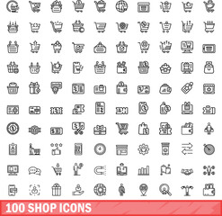 Poster - 100 shop icons set. Outline illustration of 100 shop icons vector set isolated on white background