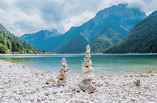 Zen Stone Tower At Predil Lake