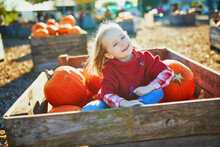 Adorable Toddler Girl In Red Poncho Selecting Pumpkin On Farm