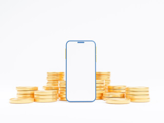 Canvas Print - Mobile trading platform and Gold coin on isolated white background banner. 3D Investment concept, bank, trade forex, financial, index, Golden, Mockup smartphone, phone and currency 3D rendering.