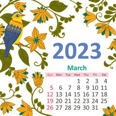 Wall Mural - floral calendar 2023, march. colorful blooming frame with bird