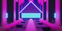 Abstract Backgound Video Game Of Esports Scifi Gaming Cyberpunk, Vr Virtual Reality Simulation And Metaverse, Scene Stand Pedestal Stage, 3d Illustration Rendering, Futuristic Neon Glow Room