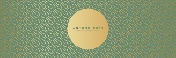Wall Mural - Seamless asian background pattern. Autumn oriental premium design. Green and gold abstract geometric wavy lines and curvy waves. Traditional japanese vintage ornament.