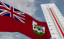 Heat Wave In Bermuda, Thermometer In Front Of Flag Bermuda And Sky Background, Heatwave In Bermuda, Danger Extreme Heat In Bermuda, 3D Work And 3D Image