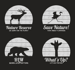 Sticker - Animal silhouette. Deer, flamingo, bear, giraffe. Retro t-shirt design