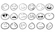Smiley handdrawn face doodle icon and freehand smile. Emoticon sign sketch and symbol expression vector illustration. Cartoon people emotion set and drawn mood character. Cute caricature head drawing