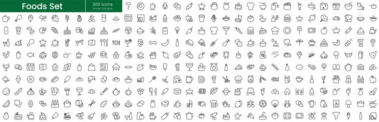 Set of outline Foods icons. Editable stroke thin line icons bundle. Vector illustration