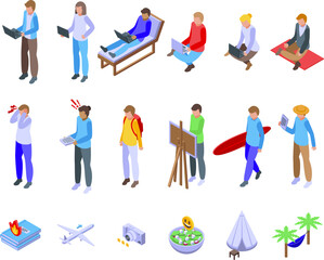 Downshifting icons set isometric vector. Adult balance. Summer beach