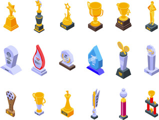 Sticker - Award trophy icons set isometric vector. Goblet cup. Winner award