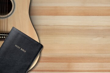 Wall Mural - Holy Bible with acoustic guitar, gospel music concept