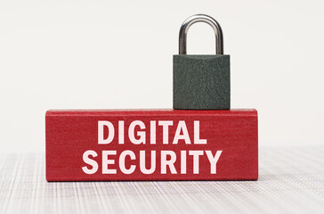 Poster - On the reports there is a red block with the inscription - digital security and a lock.