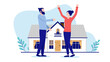 Couple buying house - Happy man and woman cheering after home purchase, flat design vector illustration with white background
