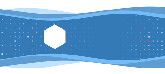 Poster - Blue wavy banner with a white hexagon symbol on the left. On the background there are small white shapes, some are highlighted in red. There is an empty space for text on the right side