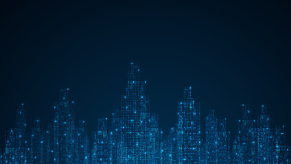 Poster - Cityscape on dark blue background with bright glowing neon. Technology city background