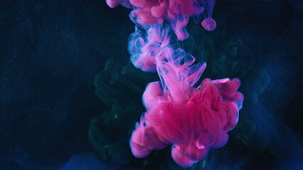 Poster - A beautiful mixture of acrylic inks in dark blue glittering water. Stock footage. Close up of pink ink stream forming amazing cloud while mixing with water.