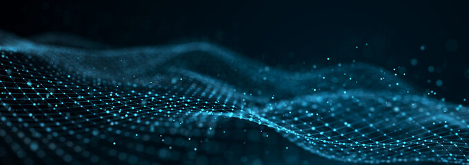 Fototapete - Abstract digital data background. Wave with moving dots. Musical stream of sounds. 3D rendering.