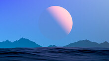 Futuristic Landscape Of The Sea And An Orange Planet On The Horizon With Mountain Silhouettes. Blue Sea And Planet.Abstract Futurism Landscape. 3D Render.