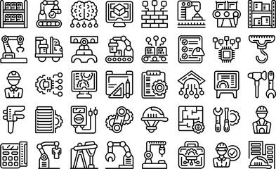 Poster - Engineer factory icons set outline vector. Machine work. Technical computer