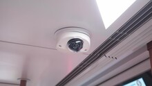 Close-up Of Web-camera On The Metro Car Ceiling. Subway Car Interior. Moscow Metropolitan Concept.