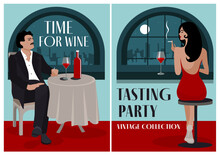 Сouple Drinking Wine At Bar Vector Illustration. Couple Sitting At The Bar Counter, Raise Wine Glasses, Looking At Each Other. Young Adult Beautiful Brunette In A Red Dress And A Man In A Suit