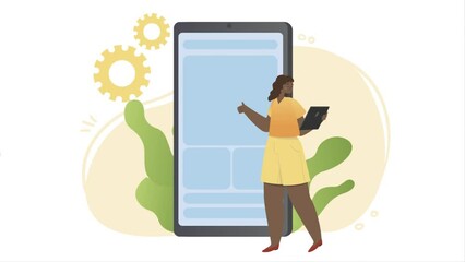 Poster - app development concept. moving man and woman stand by large smartphone and create mobile applicatio