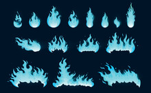 Set Of Blue Burning Fire. Flame Stickers Of Various Shapes. Design Elements For Mobile Games, Animations Or Logos. Candle Or Bonfire. Cartoon Flat Vector Collection Isolated On Dark Background