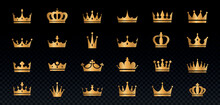 Set Of Golden Crowns. Beautiful Elegant Tiaras For Queen And King. Design Elements For Social Media, Print Or Logos. Copy Space. Realistic 3D Vector Collection Isolated On Transparent Background