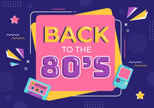 80s Party Cartoon Background Illustration With Retro Music, 1980 Radio Cassette Player And Disco In Old Style Design