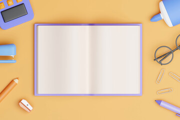 Poster - 3d cartoon notebook open flat lay, space for text, E-learning or online education concept 3d rendering illustration