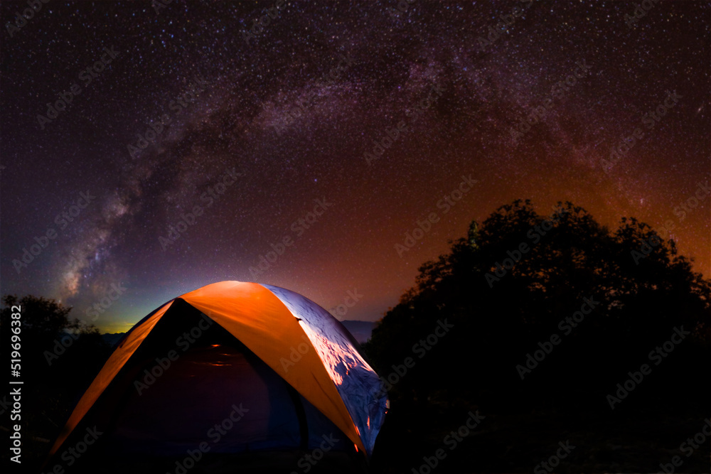 Tent under the with forest near in the mountains . abstract camping and ...