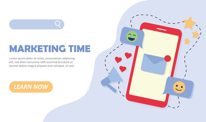 Poster - marketing time concept. design landing page. smm and seo, promotion on internet and social networks.