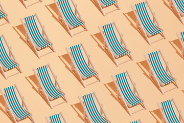 Wall Mural - Sandy beach with sunbeds. Minimal concept of summer and vacation in the tropics by the sea. Trendy collage on pastel yellow background.Creative art minimal aesthetic