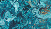 Liquid Swirls In Beautiful Teal And Blue Colors, With Gold Glitter. Contemporary Marbling Background.