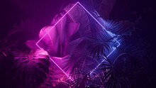 Tropical Plants Illuminated With Blue And Pink Fluorescent Light. Rainforest Environment With Diamond Shaped Neon Frame.