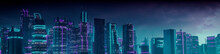 Sci-fi Cityscape With Purple And Cyan Neon Lights. Night Scene With Advanced Superstructures.