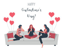Galentines Day. Slumber Party. Three Young Women Are Sitting On The Couch And Drinking Wine. There Are Also Heart-shaped Balloons. Vector Illustration