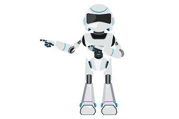 Wall Mural - Business flat cartoon style drawing robot pointing away hands together and showing or presenting something while standing. Modern robotic artificial intelligence. Graphic design vector illustration