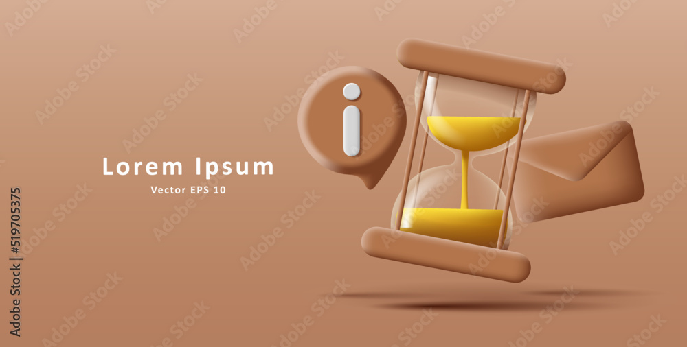 Digital 3d illustration of glass sand clock with letter and info icon ...