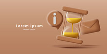 Digital 3d Illustration Of Glass Sand Clock With Letter And Info Icon In Brown Colors