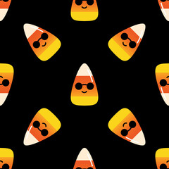 Wall Mural - Cute cartoon style smiling candy corn characters wearing sunglasses, halloween sweets vector seamless pattern background.