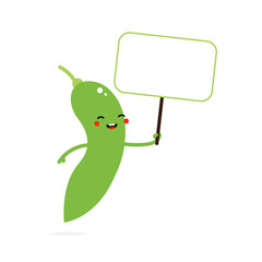 Wall Mural - Cute smiling edamame, green soy beans character holding blank sign, card, banner in hand.