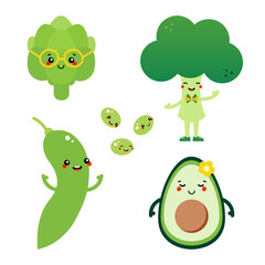 Wall Mural - Set, collection of cute cartoon style vegetables, veggies. Funny and smiling artichoke, avocado, broccoli, edamame beans characters for food design.