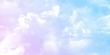 Beauty Sweet Pastel Soft Yellow With Fluffy Clouds On Sky. Multi Color Rainbow Image. Abstract Fantasy Growing Light