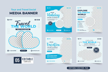 Wall Mural - Tour and travel banner design bundle for business promotion. Travel social media post set vector. Vacation and holiday flyer template design. Travel agency advertisement brochure collection vector.