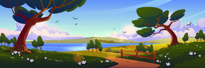 Wall Mural - Cartoon nature landscape, summer day background with dirt road going along forest trees and green fields with flowers to clear lake under blue sky with fluffy clouds, scenery wood, Vector illustration