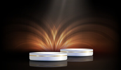 Shiny white podium with a bright beam of light on a black design