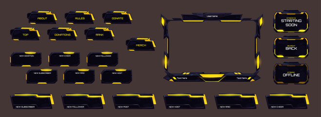 Poster - Game stream overlay, ui frame with yellow neon glow. Digital user interface, twitch streaming screen, gamer menu panels and buttons. Hi-tech template for esport, online live video, Cartoon vector set