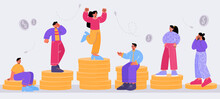 Salary Difference Concept, People Stand On Low And High Golden Coin Stacks. Male And Female Characters Of Different Class And Income Rate, Society Hierarchy Structure Line Art Flat Vector Illustration