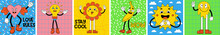 Set Groovy Retro Cartoon Stickers With Funny Comic Characters With Faces, Gloved Hands And Feet. Trendy Cartoon Sun, Power Flowers, Heart, Banana And Melt Smile Face. Sticker Pack, Posters. Vector