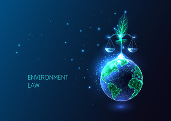 Wall Mural - Environmental law concept with planet Earth, plant seedling and scales in futuristic style on blue